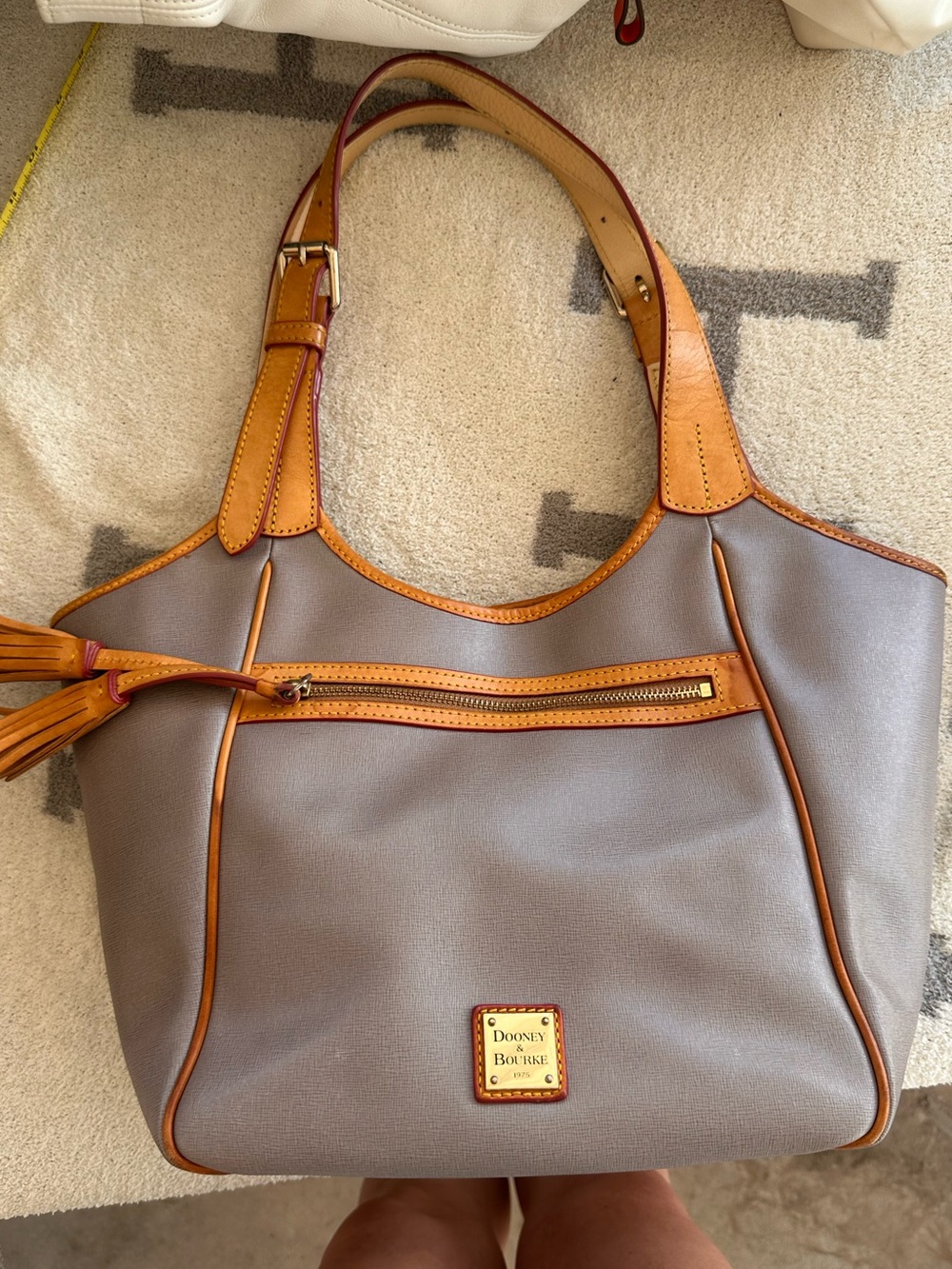 Dooney & Bourke Gray Tote with Tan Trim and Tassel